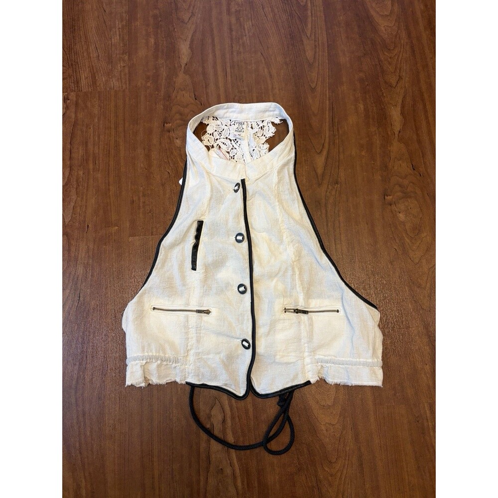 Free People Halter Cropped Button up Knit Racer Back Utility Vest Ivory NWT